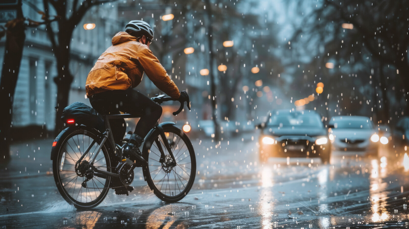Radfahrer in Stadt bei Regen